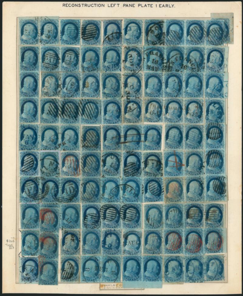 1c Blue, Ty. II, IIIa (7, 8A).> Complete <plate reconstruction of the left pane of Plate 1 Early,> comprising a total of 124 stamps (24 are part of overlapping multiples), nine are Type IIIa and the remainder
are Type II, range of cancels including t