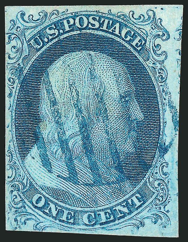 1c Blue, Ty. Ib (5A).> Position 4R1E, full margins at top and right showing most of the Type Ib characteristics, gorgeous bright Plate 1 Early shade and sharp impression, <blue> grid cancel<><>^VERY FINE AND
ATTRACTIVE EXAMPLE OF THE RARE 1851 ONE-