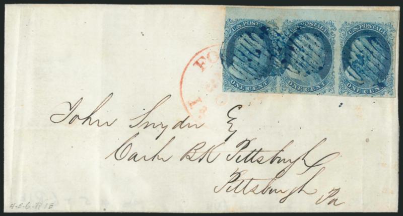 1c Blue, Ty. Ib-Ib-Ib (5A-5A-5A).> Positions 4-6R1E, horizontal strip of three contiguous Type Ib positions, <large top sheet margin>, other sides large to just touched at bottom left and slightly in at left,
marvelous bright Robins Egg Blue shade o