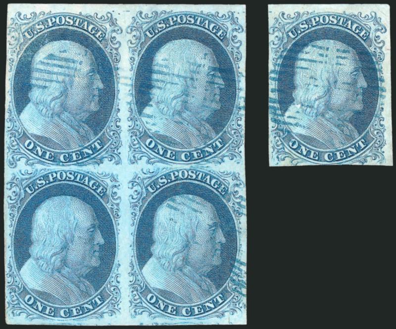 1c Blue, Ty. Ib-IbII-IIIa (5A-5A7-8A).> Positions 8-918-19R1E, block of four with detached Position 10R1E (Type II with complete design at top) that was originally joined with the block when cancelled by <blue>
14-bar grid, the block has large mar