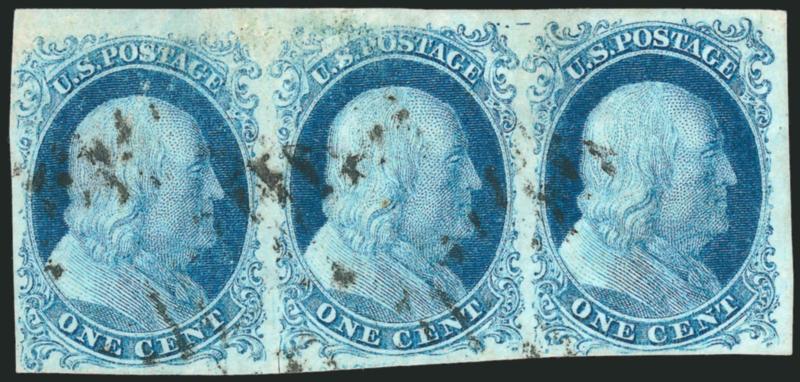 1c Blue, Ty. Ib-Ib-II (5A-5A-7).> Positions 8-10R1E, horizontal strip of three from the top right corner of Plate 1 Early, comprising a pair of Type Ib at left and the desirable Type II Position 10R1E at right,
mostly large margins including part of
