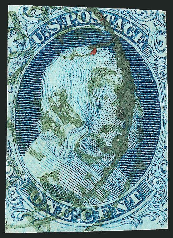 1c Blue, Ty. II (7).> Position 10R1E with <complete design at top>, cut in on three sides but cancelled by <olive green> circular datestamp, Very Good, Position 10R was more extensively ironed out at the bottom,
but the entry still retained its chara