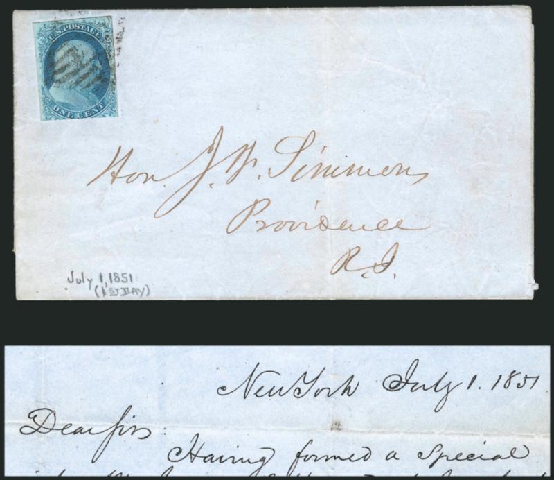 1c Blue, Ty. II (7).> Plate 1E, three full margins, in at bottom, bright shade, tied by square grid cancel on printed circular dated <July 1, 1851,> the first day of issue<><>^VERY FINE. ONE OF SIX RECORDED JULY
1, 1851, DATED CIRCULARS WITH THE ON