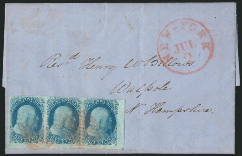 1c Blue, Ty. II (7).> Positions 98-100L1E, horizontal strip of three with <bottom sheet margin and right straddle-pane margin showing centerline,> mostly ample on other sides, just touched at top, tied by <red
square grids with matching New-York Jul