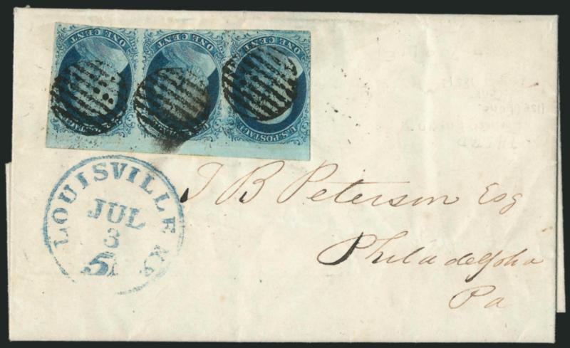 1c Blue, Ty. II (7).> Positions 7-9L1E, horizontal strip of three with <top sheet margin,> other sides large to barely in, beautiful deep rich Plate 1 Early color and impression, cancelled by bold jet-black
grids, blue <Louisville Ky. 5 Jul. 3 (185