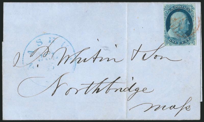 1c Blue, Ty. II (7).> Position 69L1E, full even margins except touched at upper left ornament, tied by <red> grid with <blue Nashua N.H. Jul. 5 1851> circular datestamp on blue printed notice with manuscript
July 1, 1851 date -- the first day of is