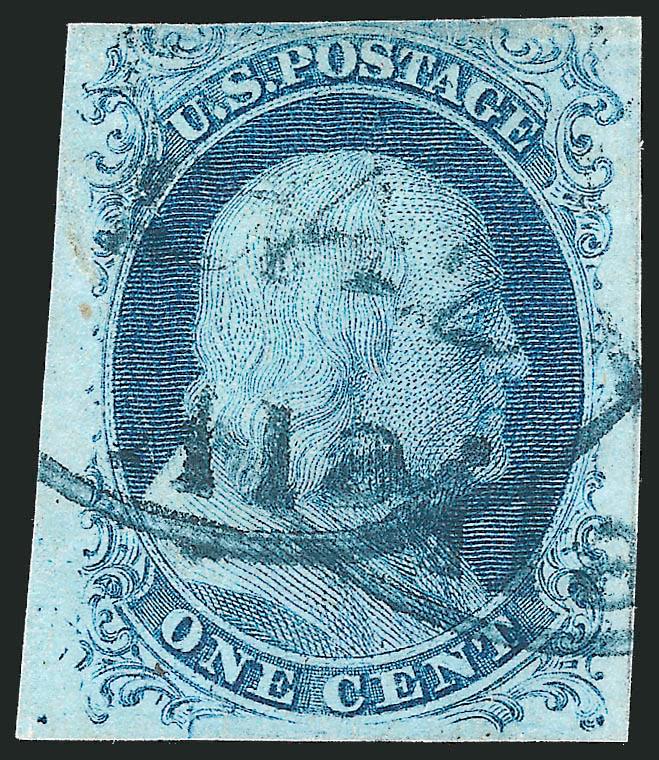 1c Blue, Ty. IIIa (8A).> Position 81L1E, <double transfer, one inverted,> this position shows a wide break in outer line at <bottom> (a rare Type IIIa with break at bottom instead of top), large margins to just
barely in at top, bright shade and choi
