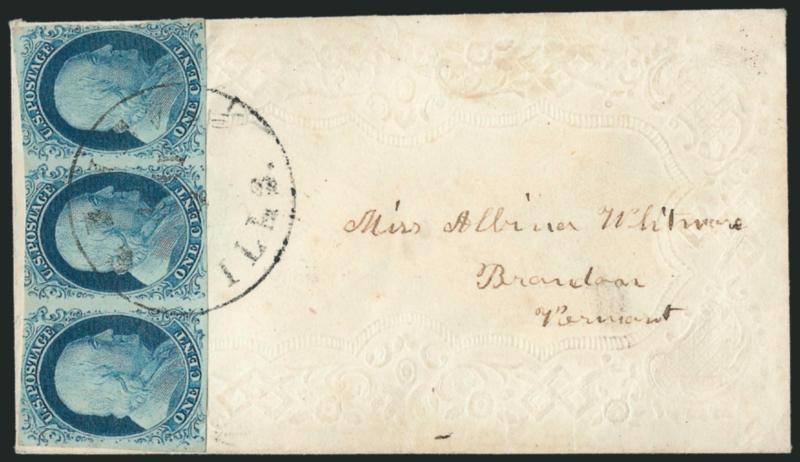 1c Blue, Ty. IIIa (8A).> Positions 81-83L1E, left stamp (81L) <double transfer, one inverted,> this position shows a wide break in outer line at <bottom> (a rare Type IIIa with break at bottom instead of top),
irregular margins from large to cut in,