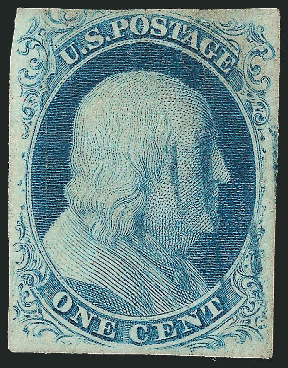 1c Blue, Ty. IIIa (8A).> Position 100R1E with <break in bottom outer line,> large even margins, lightly cancelled by <blue> grid, crease and small faults, Very Fine appearance, a scarce stamp, only two positions
on Plate 1 Early have the break in bot