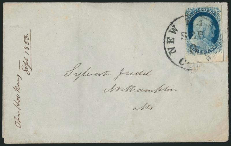 1c Blue, Ty. IV (9).> Position 91L1L, <triple transfer, one inverted,> huge margins to just in including <sheet margin at bottom,> tied by New Haven Conn. Sep. 8 circular datestamp on folded cover to Northampton
Mass., 1853 docketing at left, light