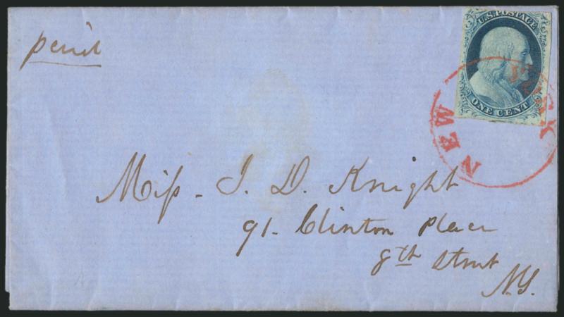 1c Blue, Ty. IV (9).> Three large margins, in at top, tied by <red New York in circle> handstamp on Nov. 8, 1853 folded letter to local street address, Very Fine, very rare, this New York circular datestamp was
used by the carrier department afte