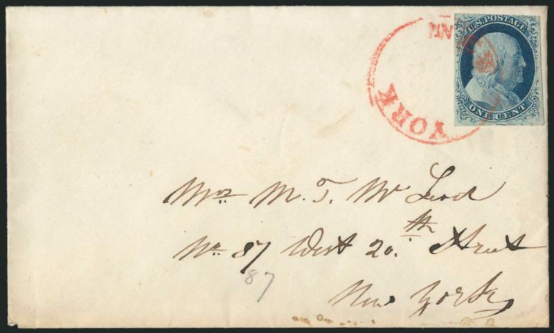 1c Blue, Ty. IV (9).> Large margins to in at top, tied by <red New York in circle> handstamp on Nov. 8, 1853 folded letter to local street address, Very Fine strike, very rare, this New York circular datestamp
was used by the carrier department a