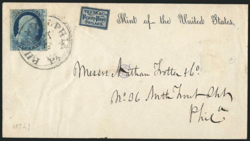 1c Blue, Ty. IV (9).> Large margins to in at top, slight toning spots, tied by Philadelphia Pa. Oct. 4 circular datestamp and <used with Teese & Co. Penny Post, Philadelphia Pa., (1c) Blue on Bluish (137L1),>
cancelled by manuscript X on cover wi
