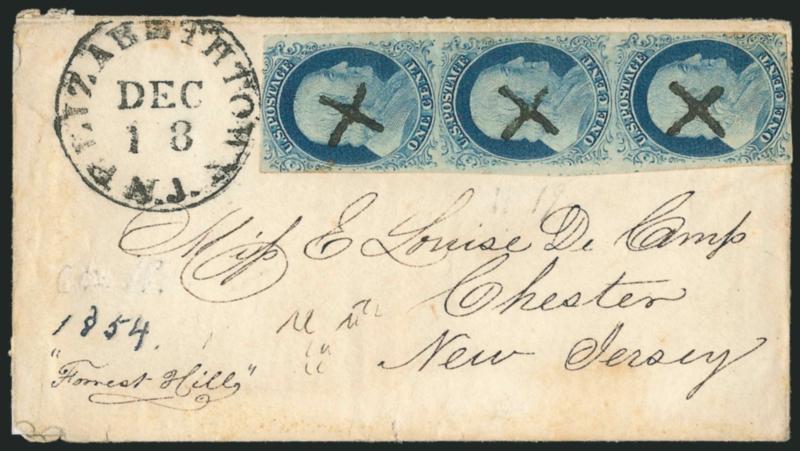 1c Blue, Ty. IV (9).> Vertical strip of three, large margins to just touched, each stamp cancelled by <X handstamp,> matching Elizabethtown N.J. Dec. 18 circular datestamp on cover to Chester N.J.,
non-contemporary 1854 at left, some slight cov