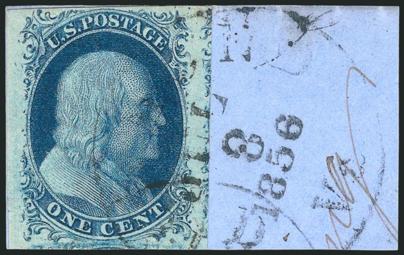 1c Blue, Ty. II (7).> Plate 2, large to huge margins showing parts of adjoining stamps, well clear at top left, rich color, tied by Richmond Va. Jul. 8, 1856 circular datestamp on small piece, Extremely
Fine