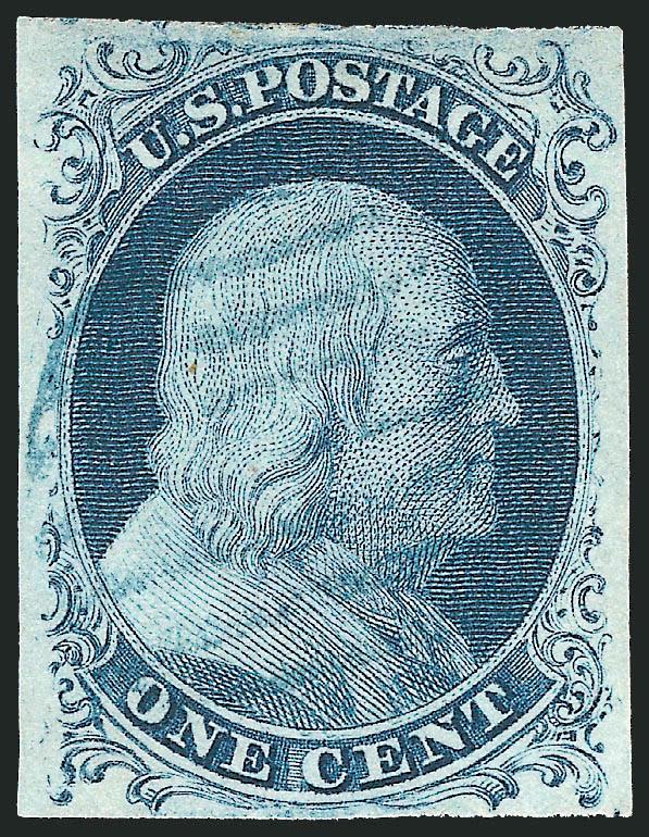 1c Blue, Ty. II (7).> Position 62R2, large even margins, razor-sharp impression with light <blue> grid cancel, Extremely Fine, ex Neinken
