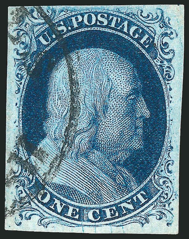 1c Blue, Ty. II (7).> Position 92R2 from the bottom of right pane of Plate 2, an early impression showing the numerous <vertical plate cracks> at bottom, full to large margins, intense shade, neat town
datestamp, Very Fine and choice