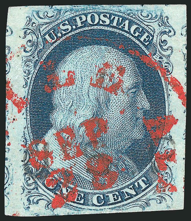 1c Blue, Ty. II (7).> Plate 2, full to large margins showing parts of adjoining stamps at sides, deep shade contrasted by vivid <paint-red Mobile Ala. Sep. 28> circular datestamp, beneath the red is a U.S. Pkt.
straightline, Very Fine and choice,